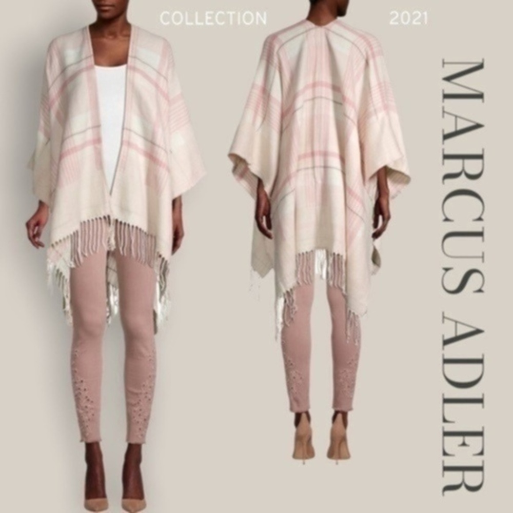 MARCUS ADLER Ivory Plaid Fringe-Trimmed Ruana/Shawl NWT